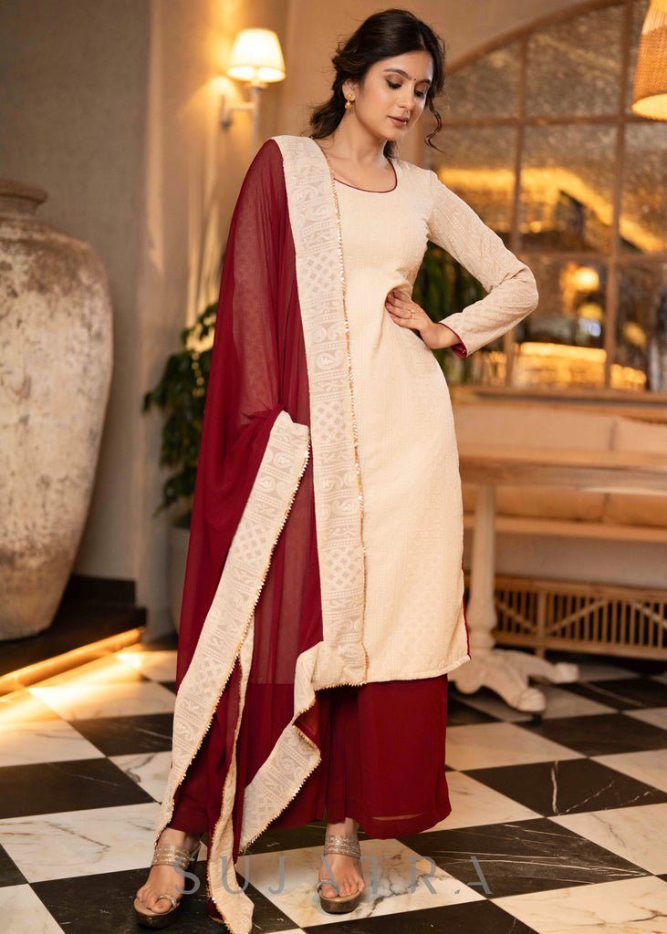 Beautiful Beige Chikankari Kurta With Maroon Georgette Palazzo - Dupatta Optional