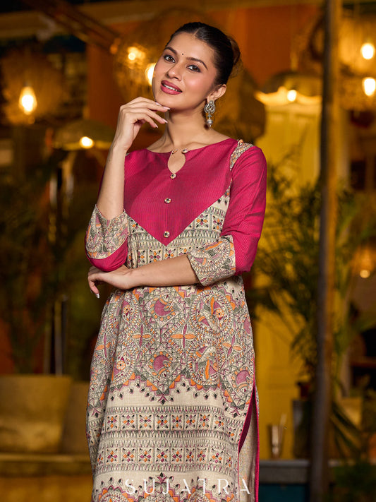 Stunning Madhubani kurta with bold pink stripe detailing