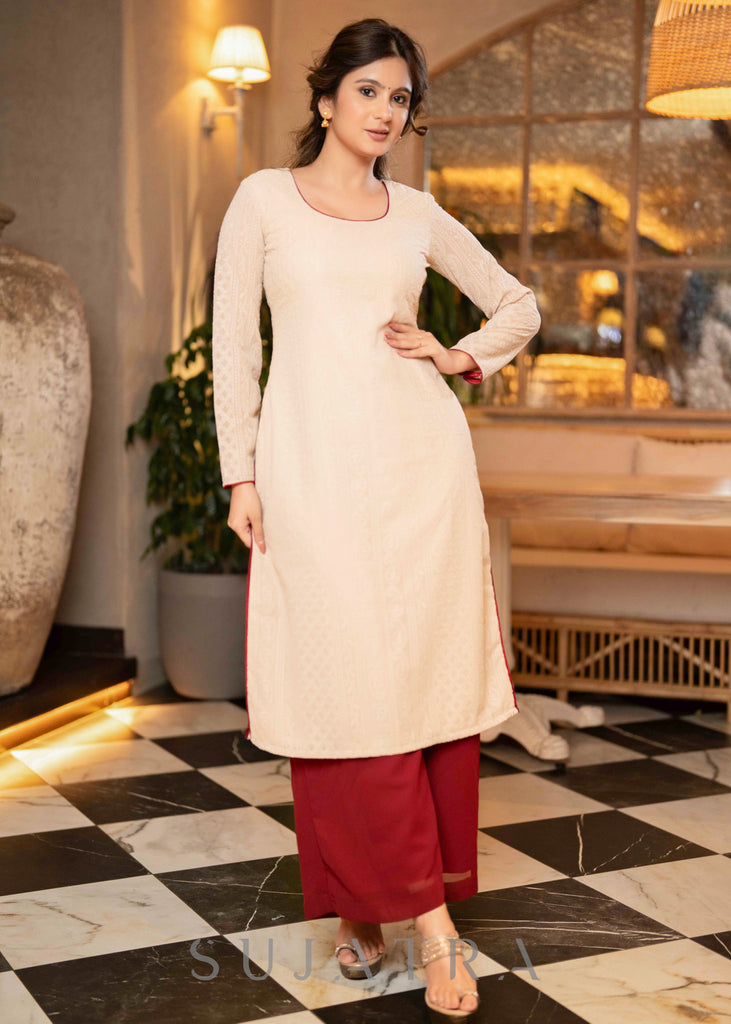 Beautiful Beige Chikankari Kurta With Maroon Georgette Palazzo - Dupatta Optional