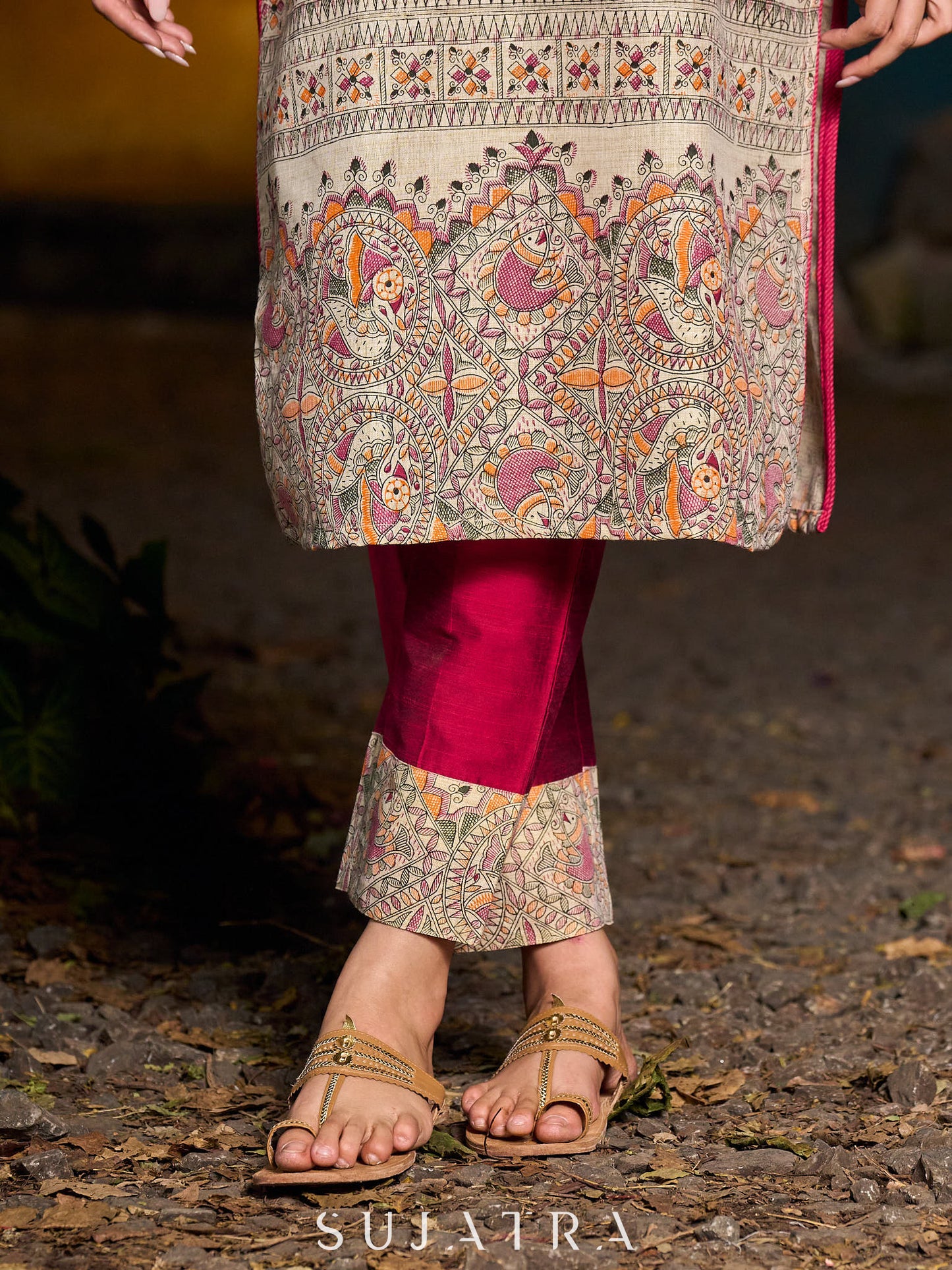 Traditional Magenta Cotton Silk Pant with Madhubani Border