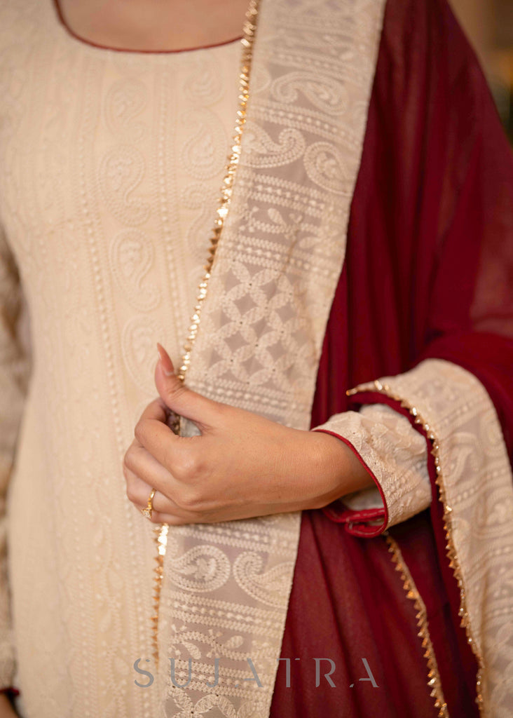Beautiful Beige Chikankari Kurta With Maroon Georgette Palazzo - Dupatta Optional