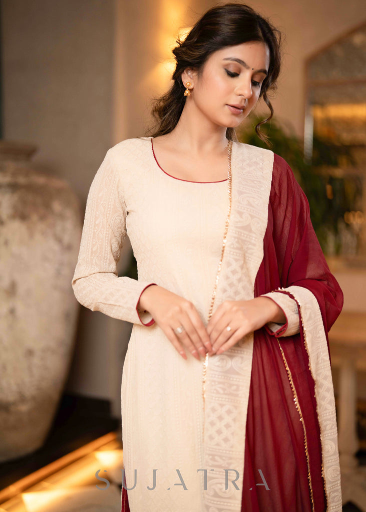 Beautiful Beige Chikankari Kurta With Maroon Georgette Palazzo - Dupatta Optional