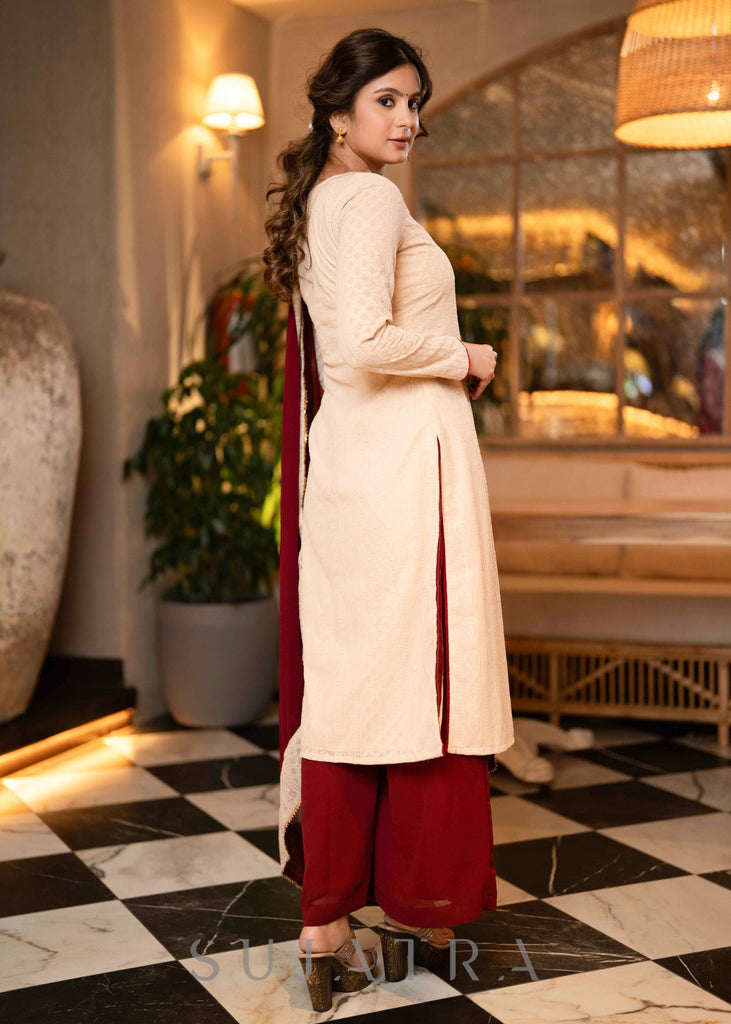 Beautiful Beige Chikankari Kurta With Maroon Georgette Palazzo - Dupatta Optional