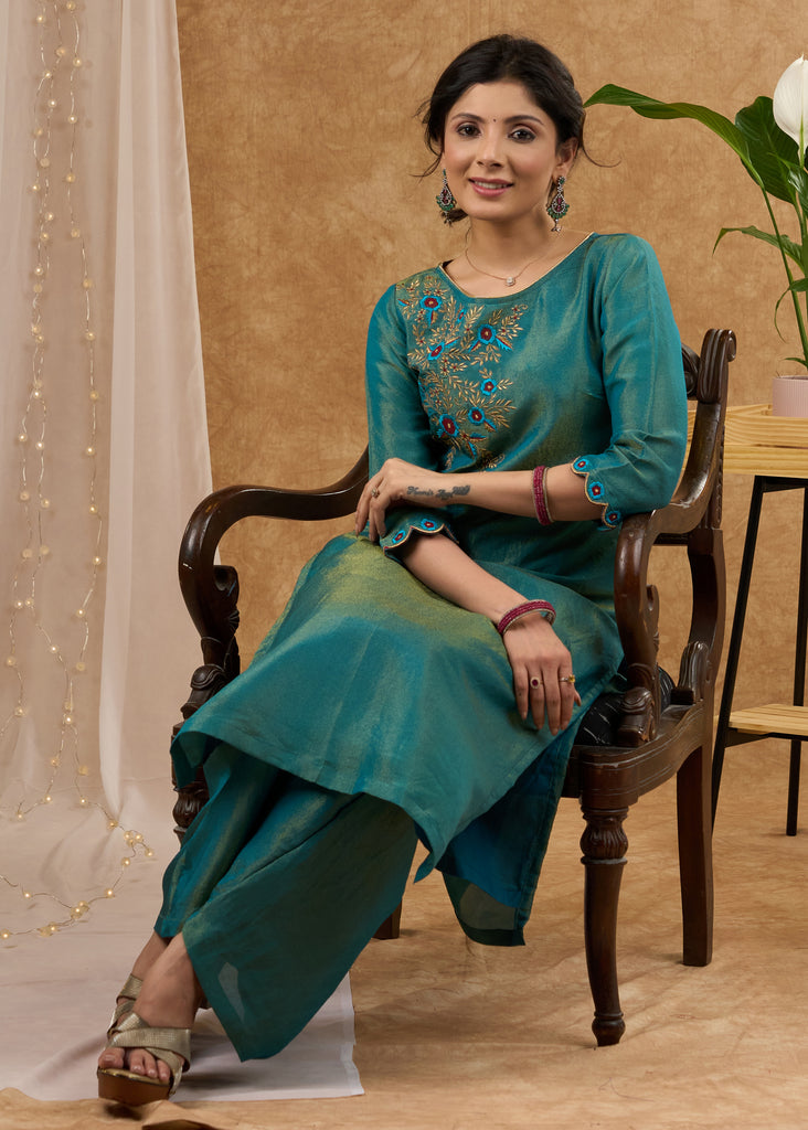 Luxurious teal tissue kurta with intricate embroidery Tissue pant optional