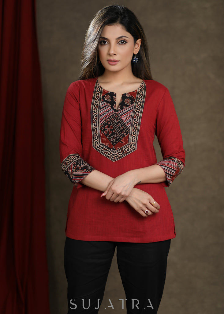 Maroon Ajrakh Patchwork Combination Cotton Top