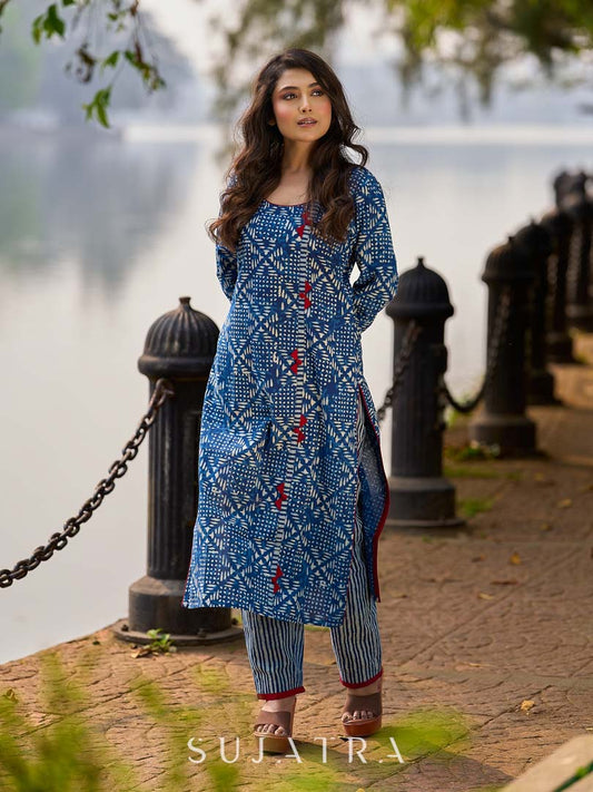 Contemporary Indigo Geometric Side-Cut Kurta with Linear Stripe Detailing and Maroon Triangle Highlights