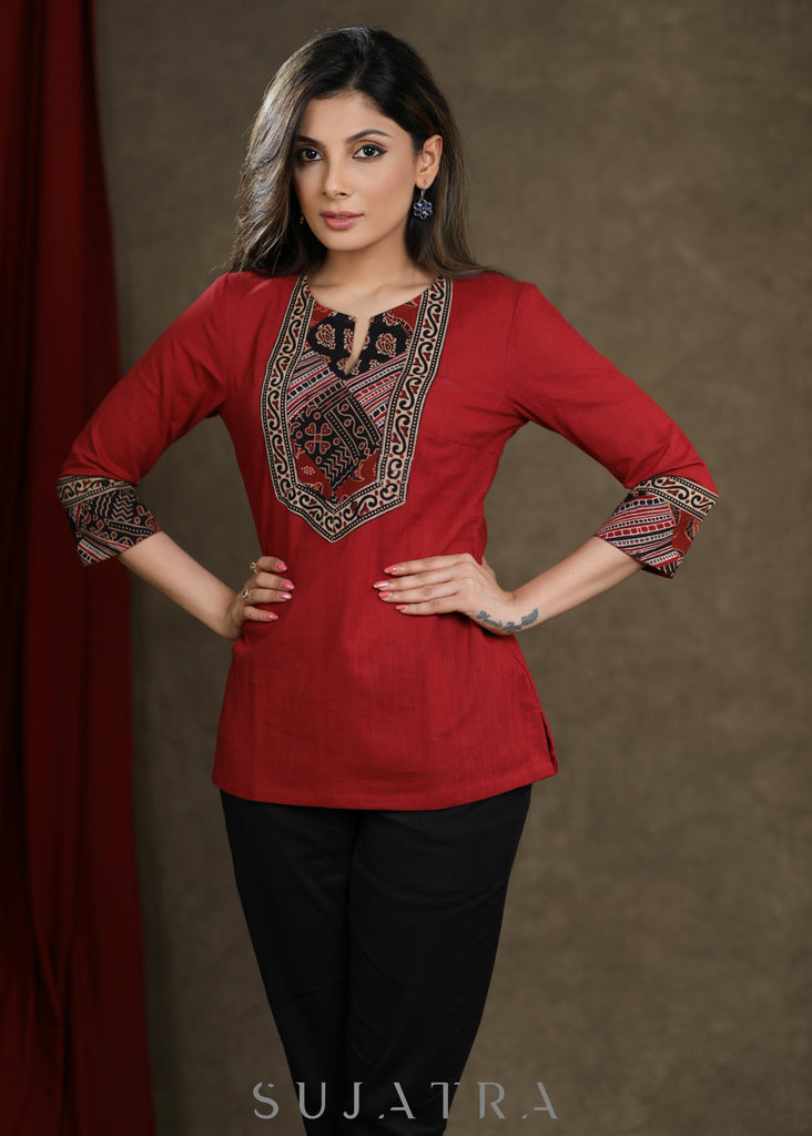 Maroon Ajrakh Patchwork Combination Cotton Top