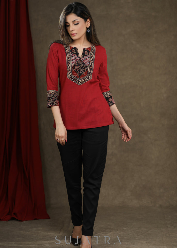 Maroon Ajrakh Patchwork Combination Cotton Top