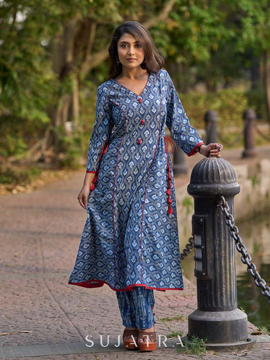 Indigo Printed A-Line Kurta with Waist-Defining Side Strings and Maroon Detailing