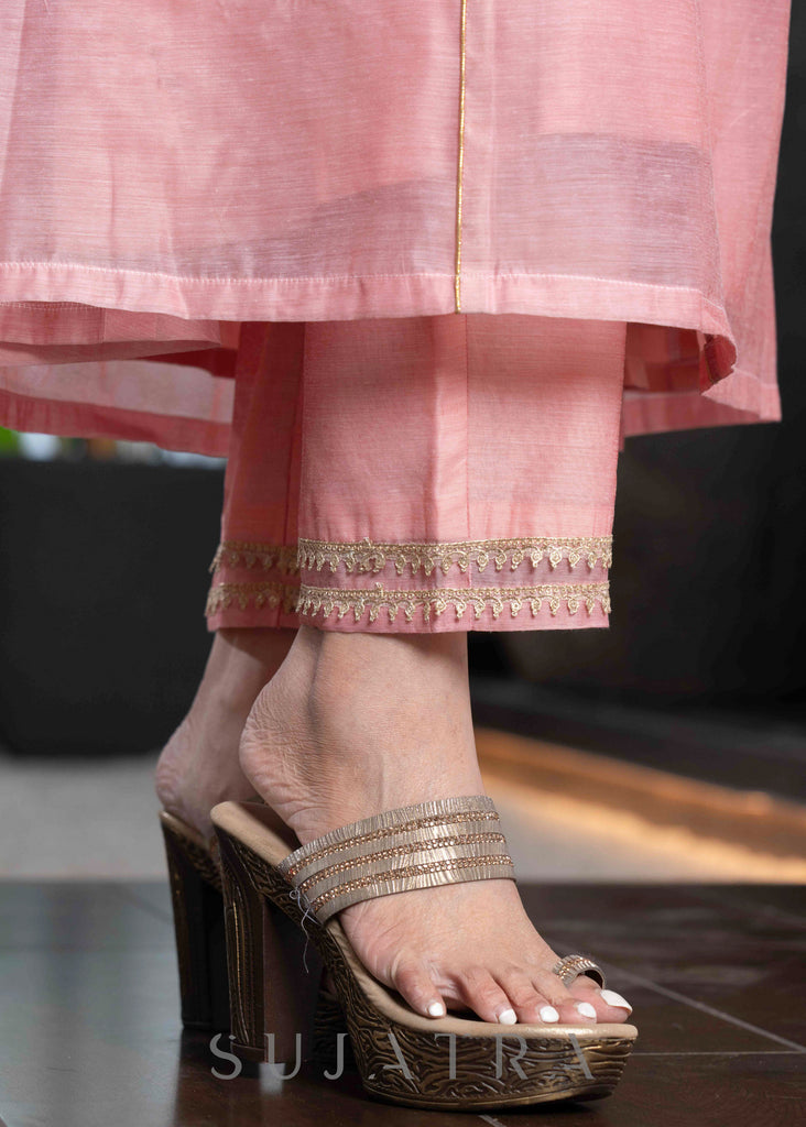 Light pink chanderi Pant & flared kurta with gold detailing - Dupatta Optional