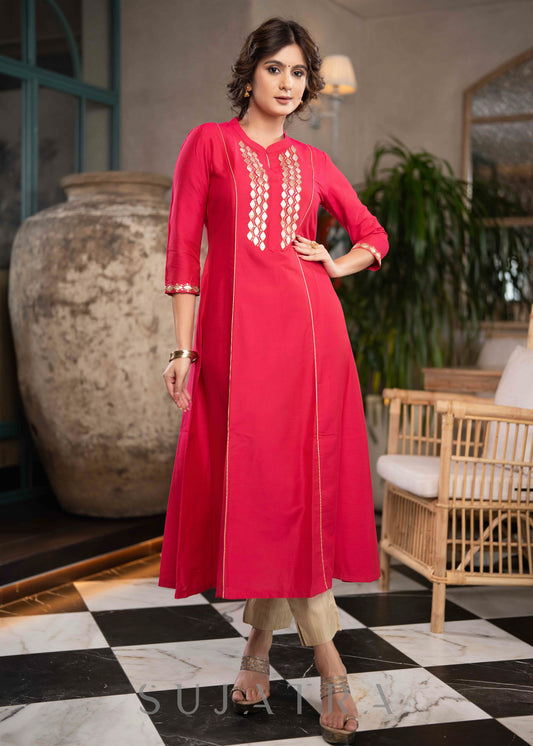 Exclusive Magenta Cotton Silk Kurta With Gota Work On Yoke & Sleeves - Pant Optional