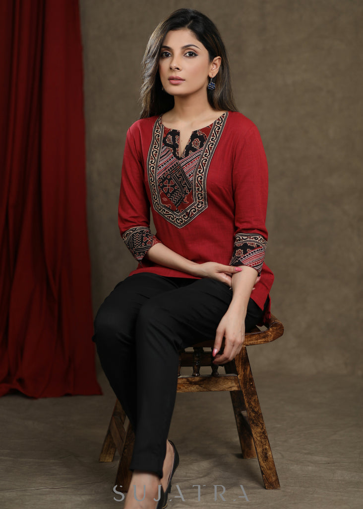 Maroon Ajrakh Patchwork Combination Cotton Top
