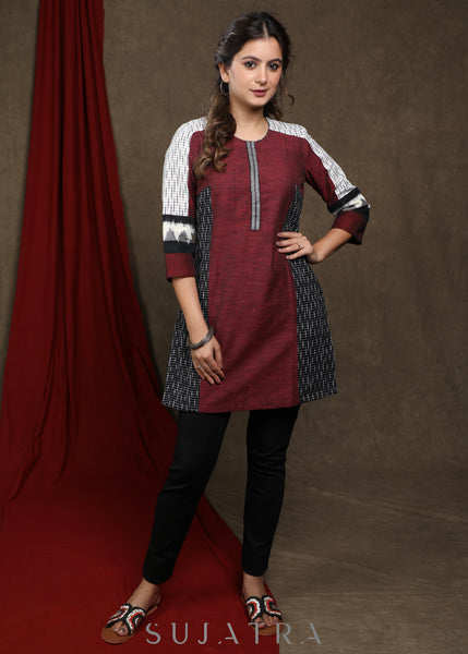Classy wine cotton tunic with black and white ikat combination