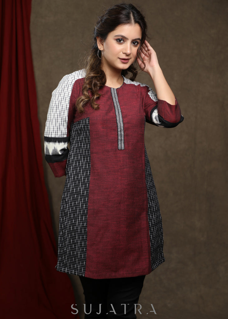 Classy wine cotton tunic with black and white ikat combination