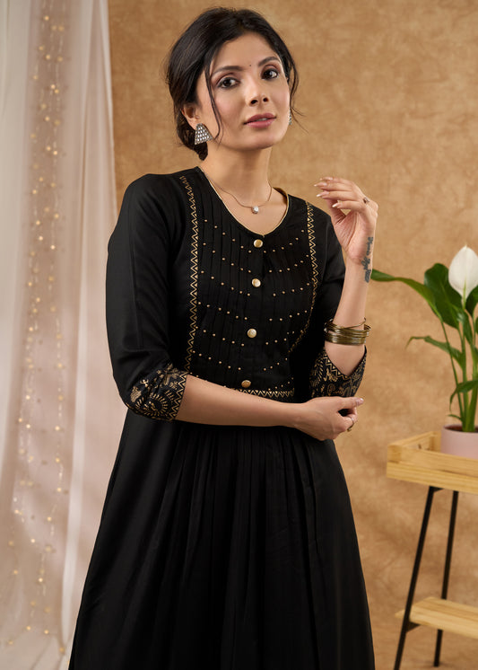 Trendy black rayon kurta featuring pintucks with stylish yoke Pant Optional