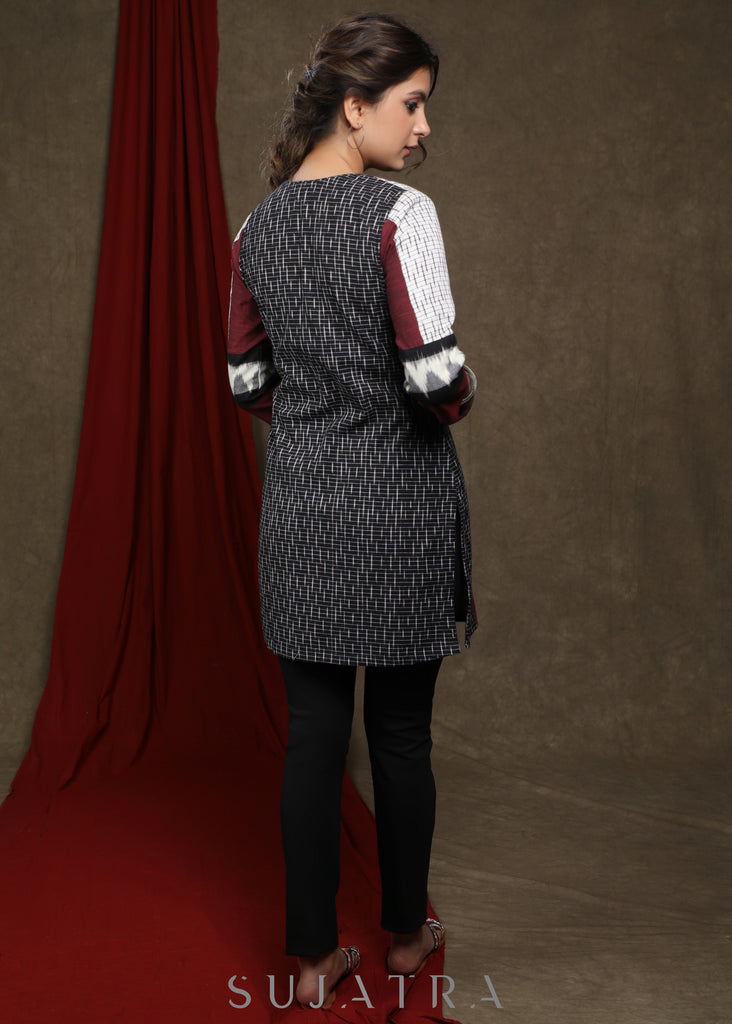 Classy wine cotton tunic with black and white ikat combination