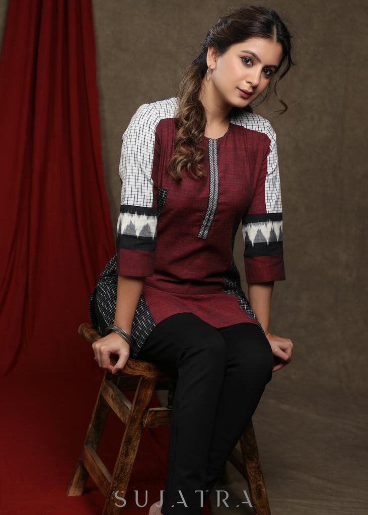 Classy wine cotton tunic with black and white ikat combination