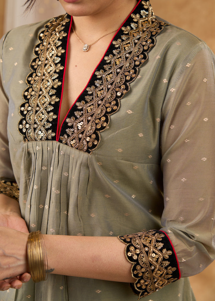 Elegant olive chanderi kurta with embellished collar Pant optional