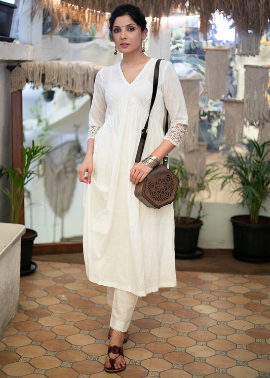 Exclusive White Cotton Kurta with Pintucks on Yoke & Beautiful Lace on Sleeves - Pant Optional