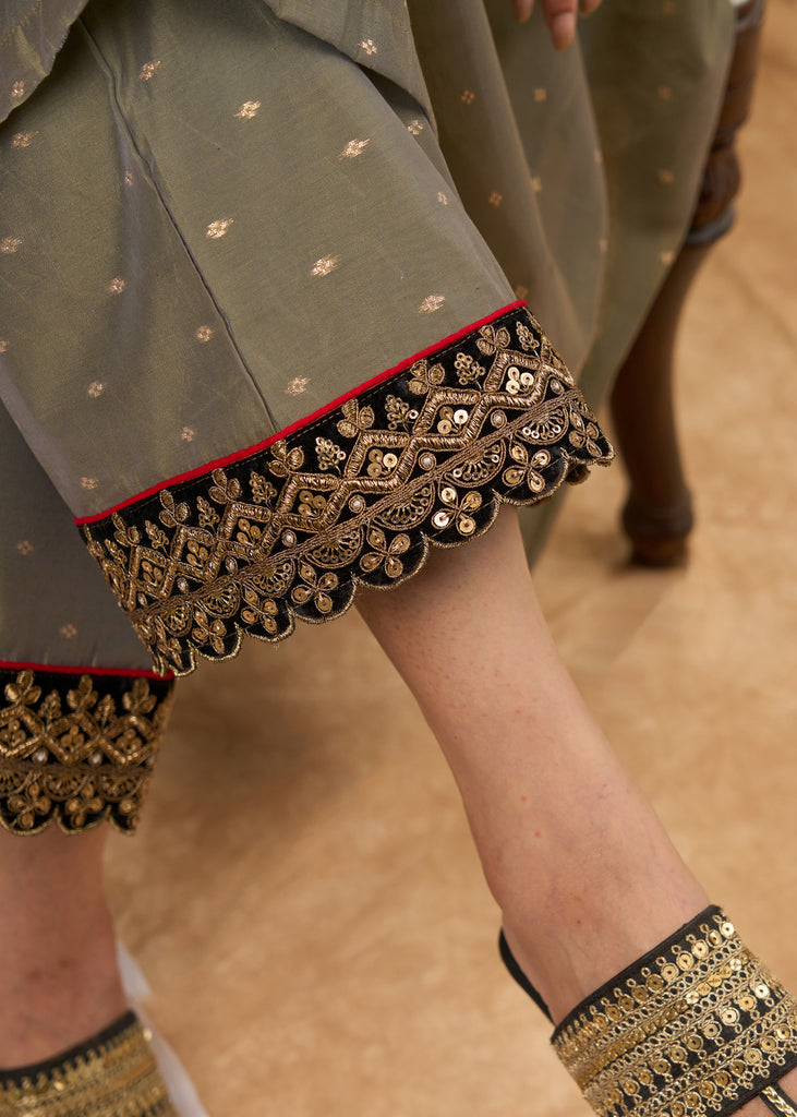 Elegant olive chanderi kurta with embellished collar Pant optional