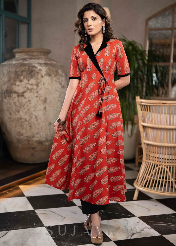Beautiful Red Printed A Line Kurta With Velvet Collar & Side Dori - Pant Optional