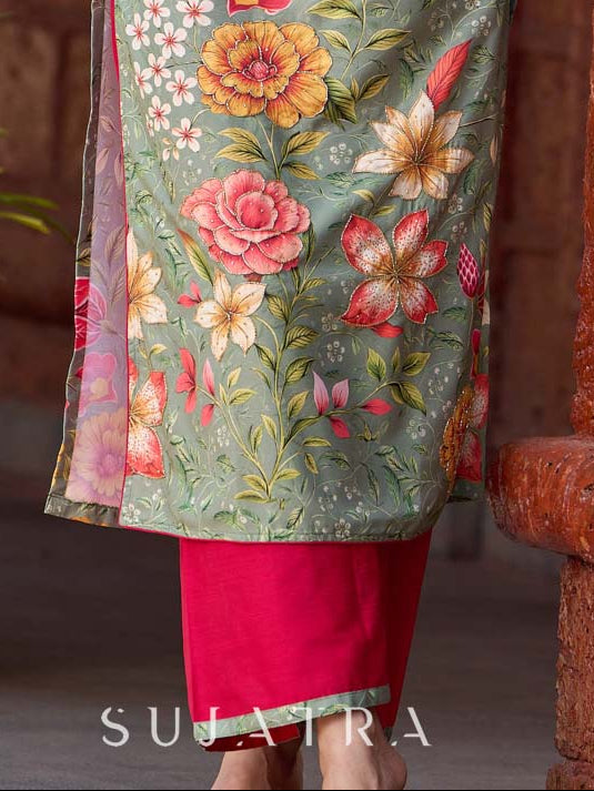 Graceful Magenta flared pant with soft green border