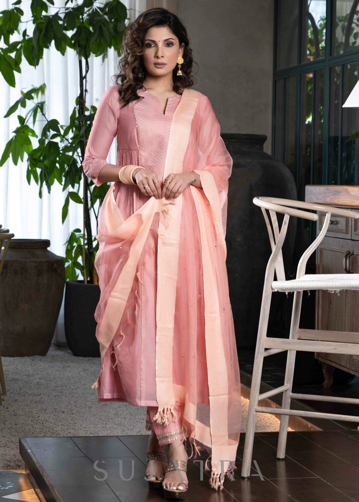 Light pink chanderi Pant & flared kurta with gold detailing - Dupatta Optional