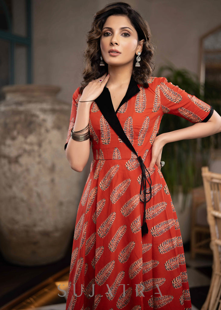 Beautiful Red Printed A Line Kurta With Velvet Collar & Side Dori - Pant Optional