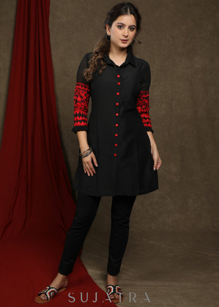 Smart Black Cotton Silk tunic with red embroiderd sleeves