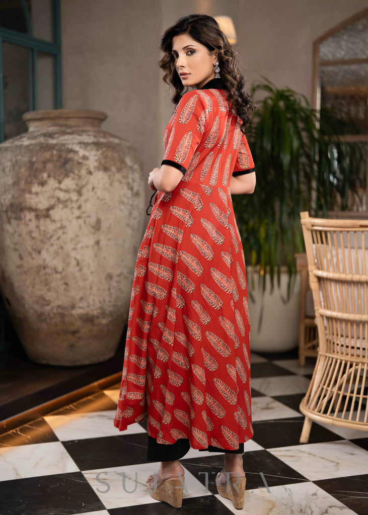 Beautiful Red Printed A Line Kurta With Velvet Collar & Side Dori - Pant Optional