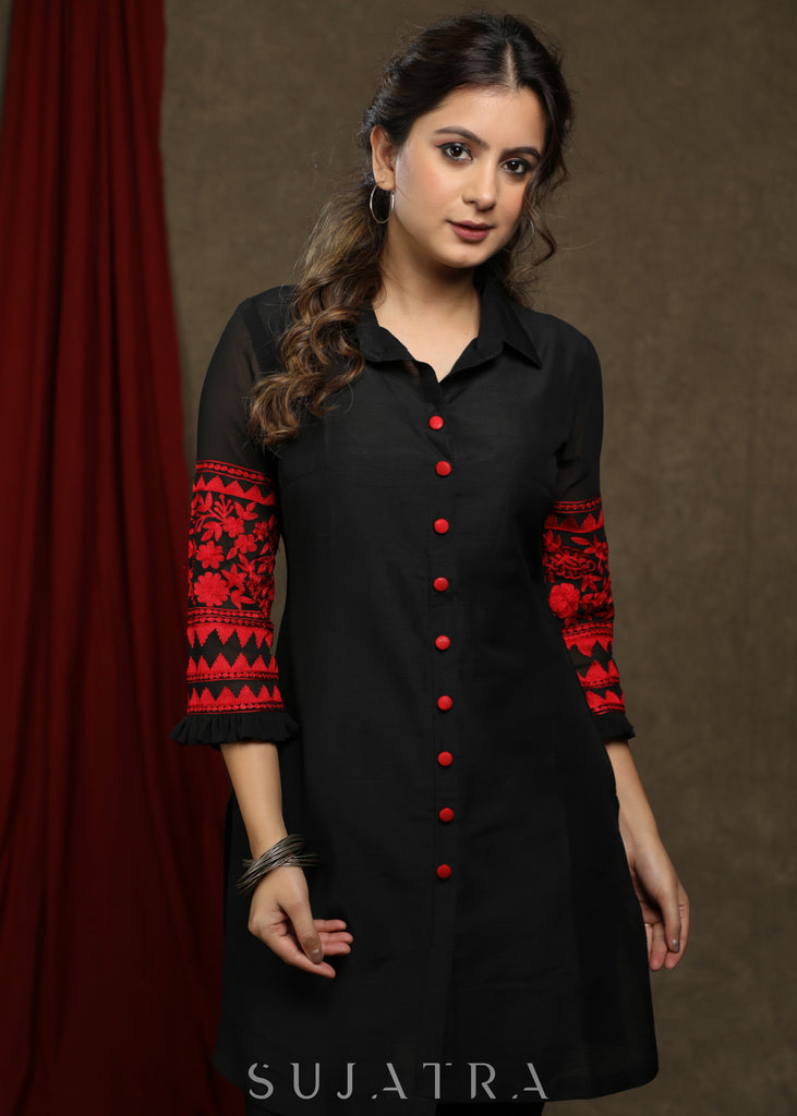 Smart Black Cotton Silk tunic with red embroiderd sleeves