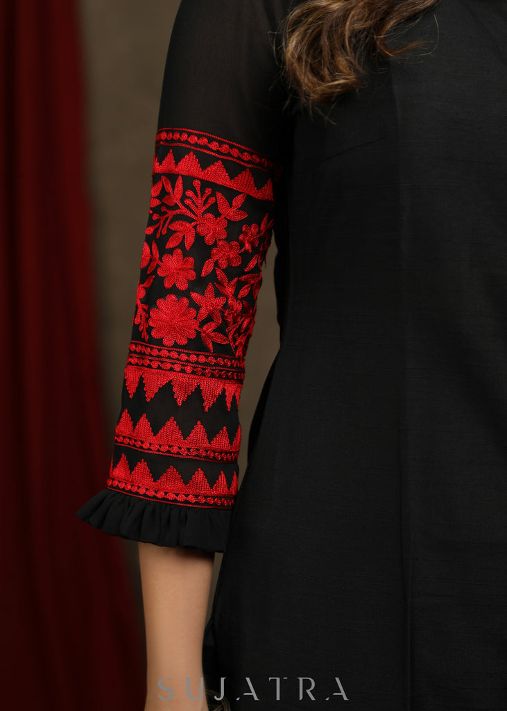 Smart Black Cotton Silk tunic with red embroiderd sleeves