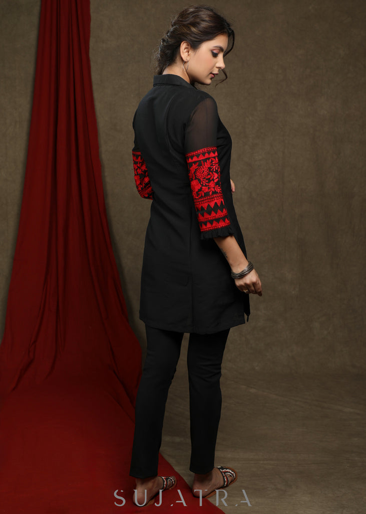 Smart Black Cotton Silk tunic with red embroiderd sleeves
