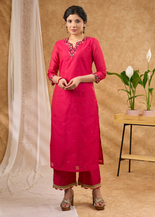 Delicately hand embroidered pink Chanderi kurta