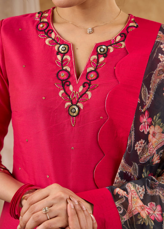 Delicately Hand embroidered pink chanderi kurta pant optional