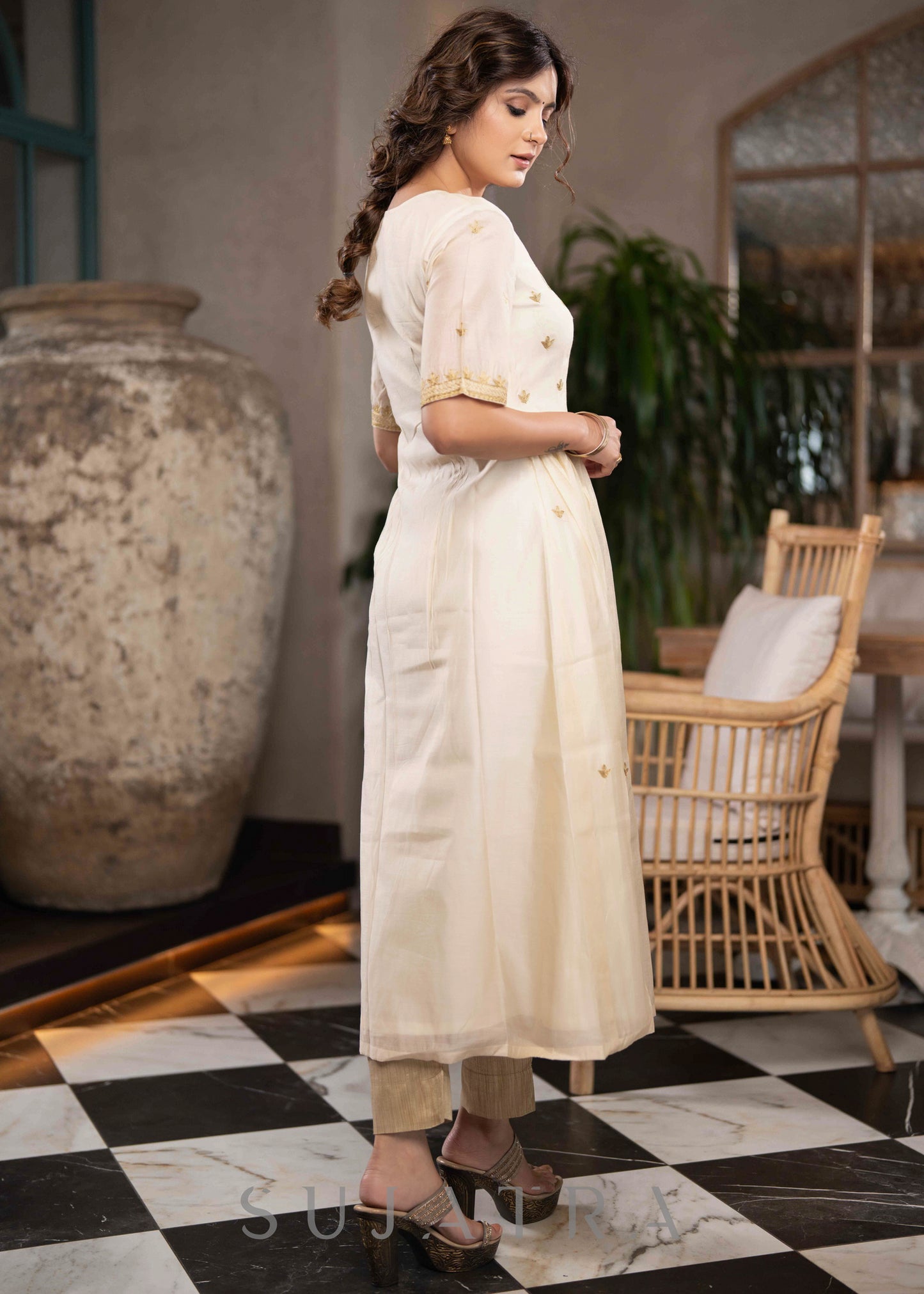 Elegant Off White Chanderi Kurta With Gold Embroidery All Over - Pant Optional
