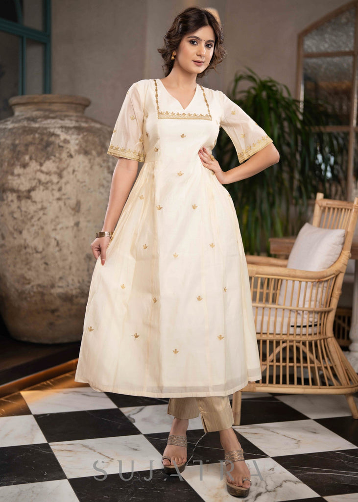 Elegant Off White Chanderi Kurta With Gold Embroidery All Over - Pant Optional
