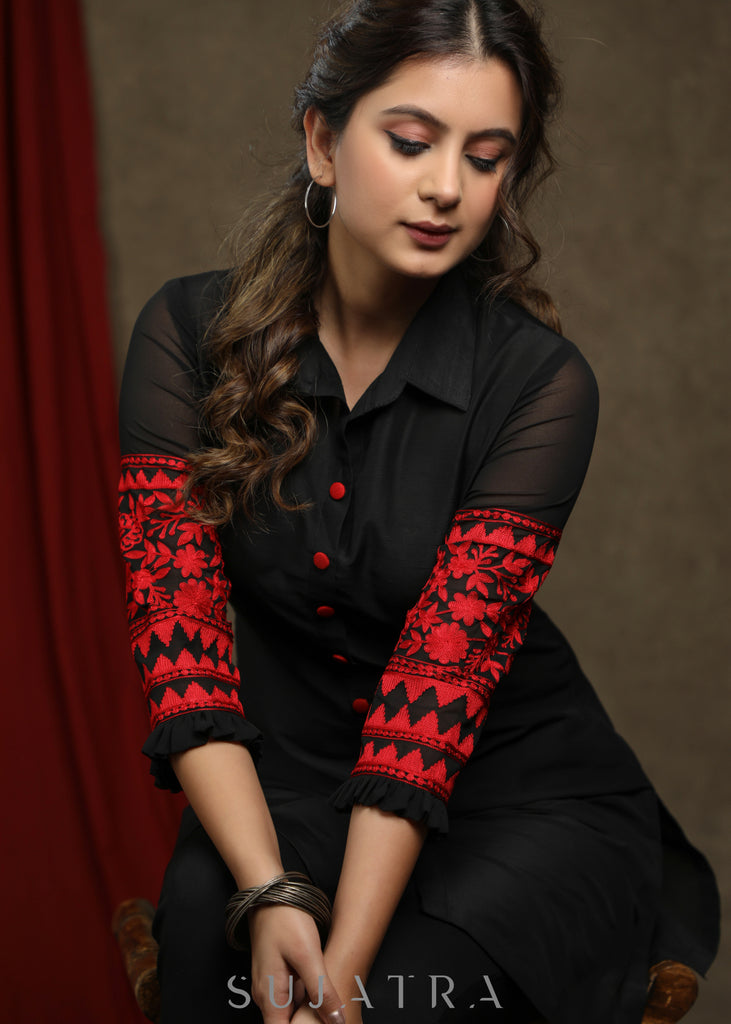 Smart Black Cotton Silk tunic with red embroiderd sleeves