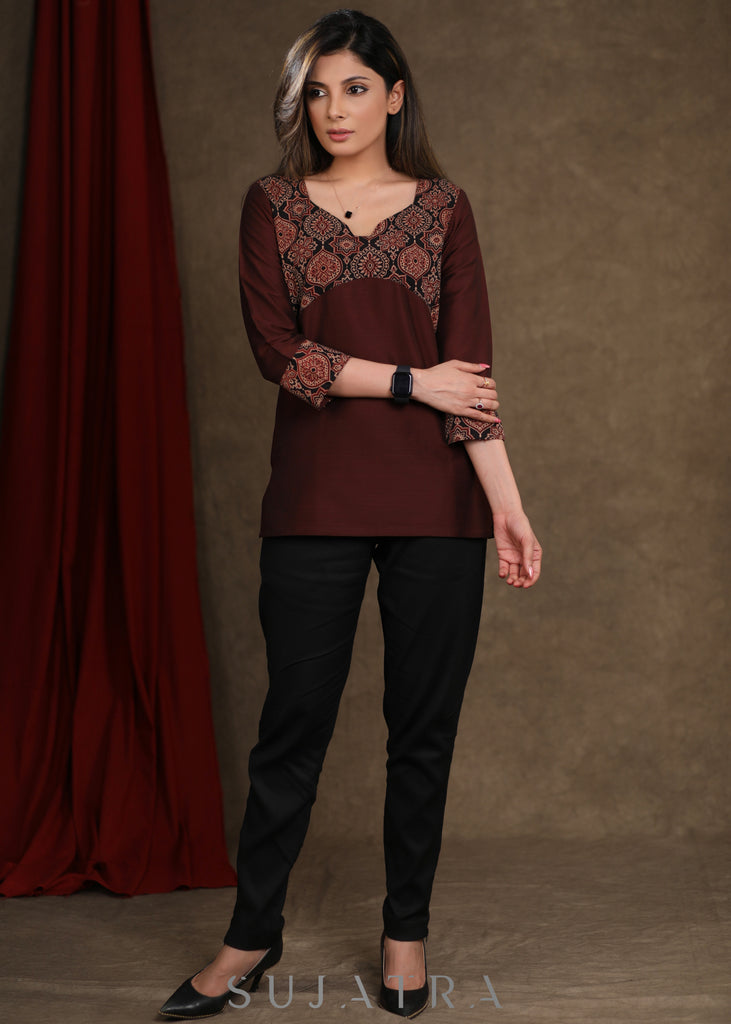 Brown Cotton Silk Ajrakh Combination Top