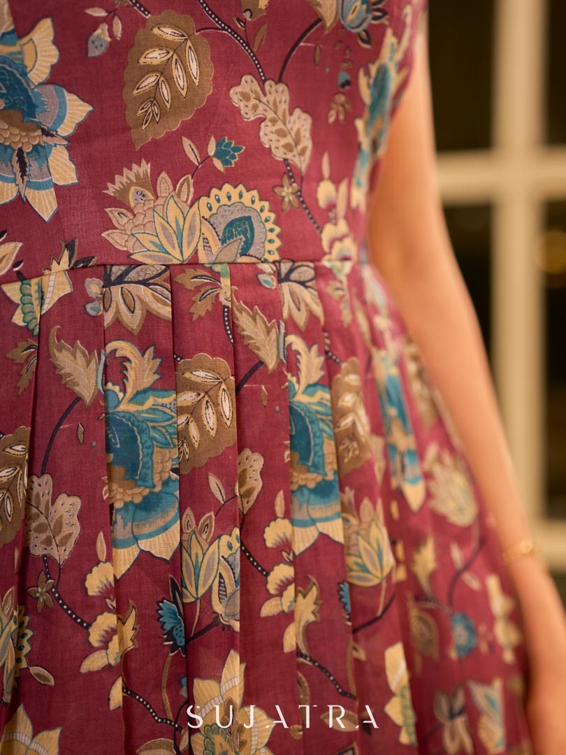 Playful wine floral summer dress elevated with dainty straps and pleats from the waistline