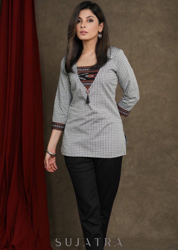 Casual Grey Top with Ikkat Detailing