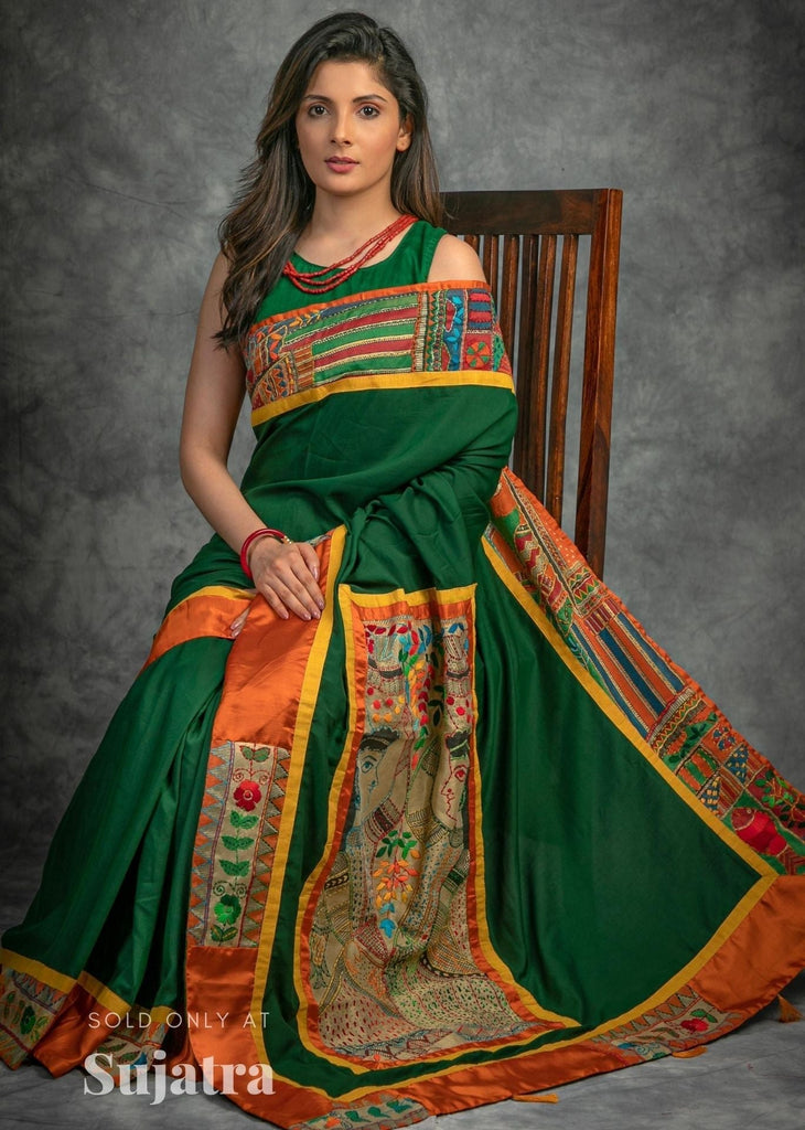 Green crepe satin saree with hand embroidered kutch work combination