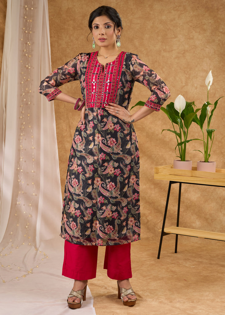 Printed chanderi kurta with exclusive embroidery pant optional