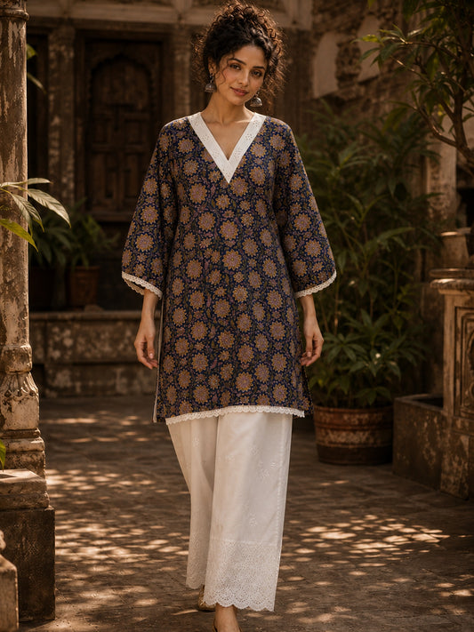 Navy Blue Floral Print Short Kurta with White Hakoba V-Neck Trim & Bell Sleeves