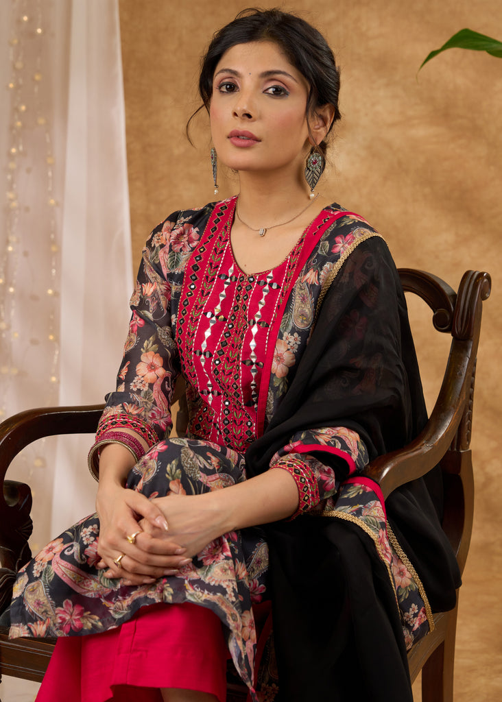 Printed Chanderi kurta with exclusive embroidery with pant Dupatta optional
