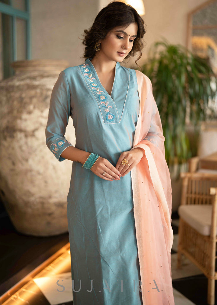 Beautiful Firozi Blue Chanderi Pant &Kurta With Glass Beadwork On Neckline & Sleeves -  Dupatta Optional