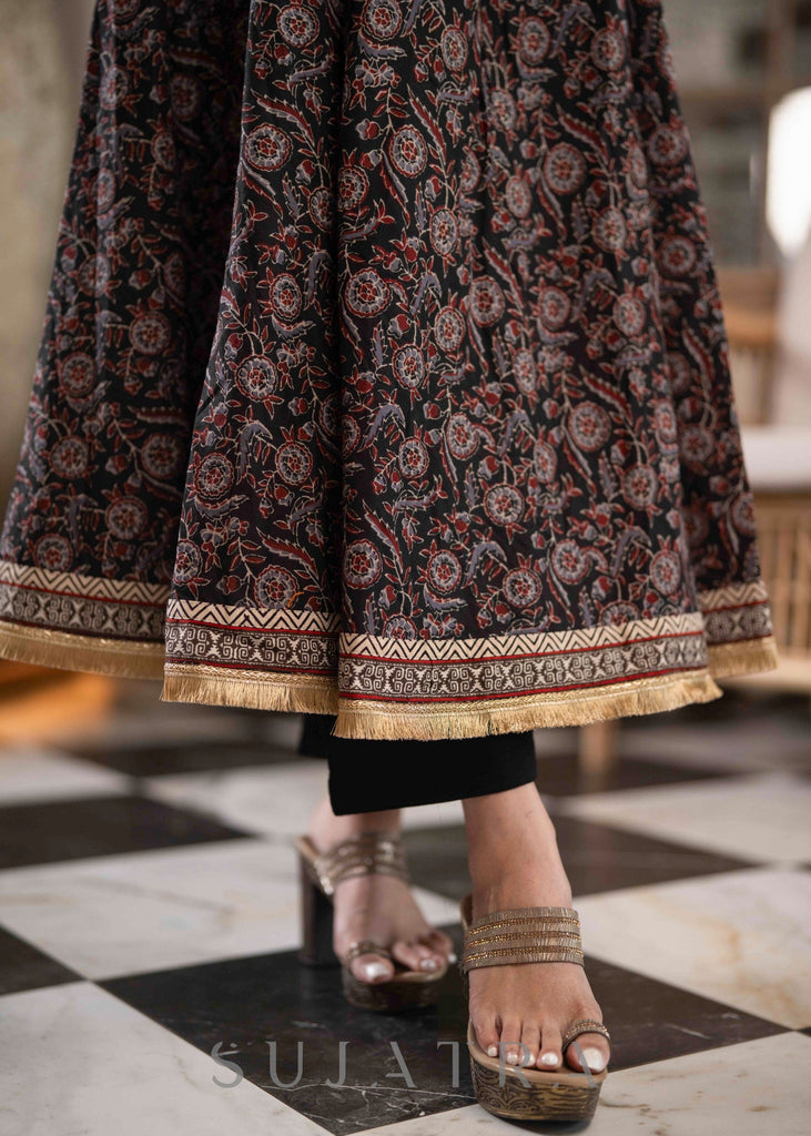 Elegant A Line Printed Kurta With Gold Detailing & Lace Work On Hemline - Pant Optional