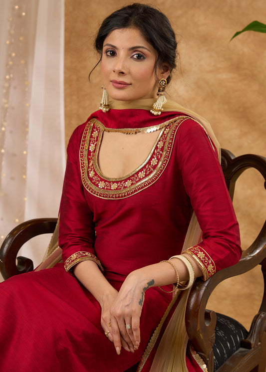 Graceful hand embroidered maroon cotton silk kurta and pant - Dupatta optional