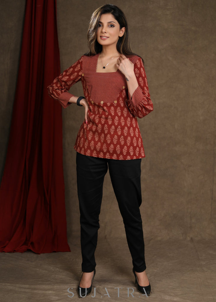 Trendy Maroon Cotton Ajrakh Combination Top with cuff sleeves