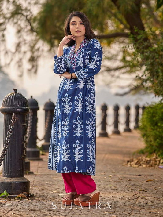 Indigo Floral Kurta with Playful Stripe Print and Magenta Hand Mirror Work on Overlapping Neckline